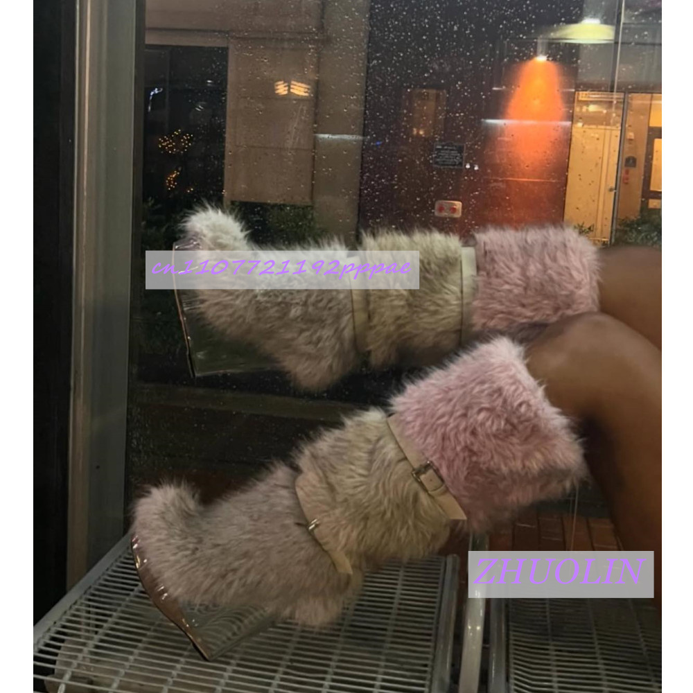 Women'S Fashion Knee High Boots - 겨울 그라데이션 퍼리 투명 웨지 부츠