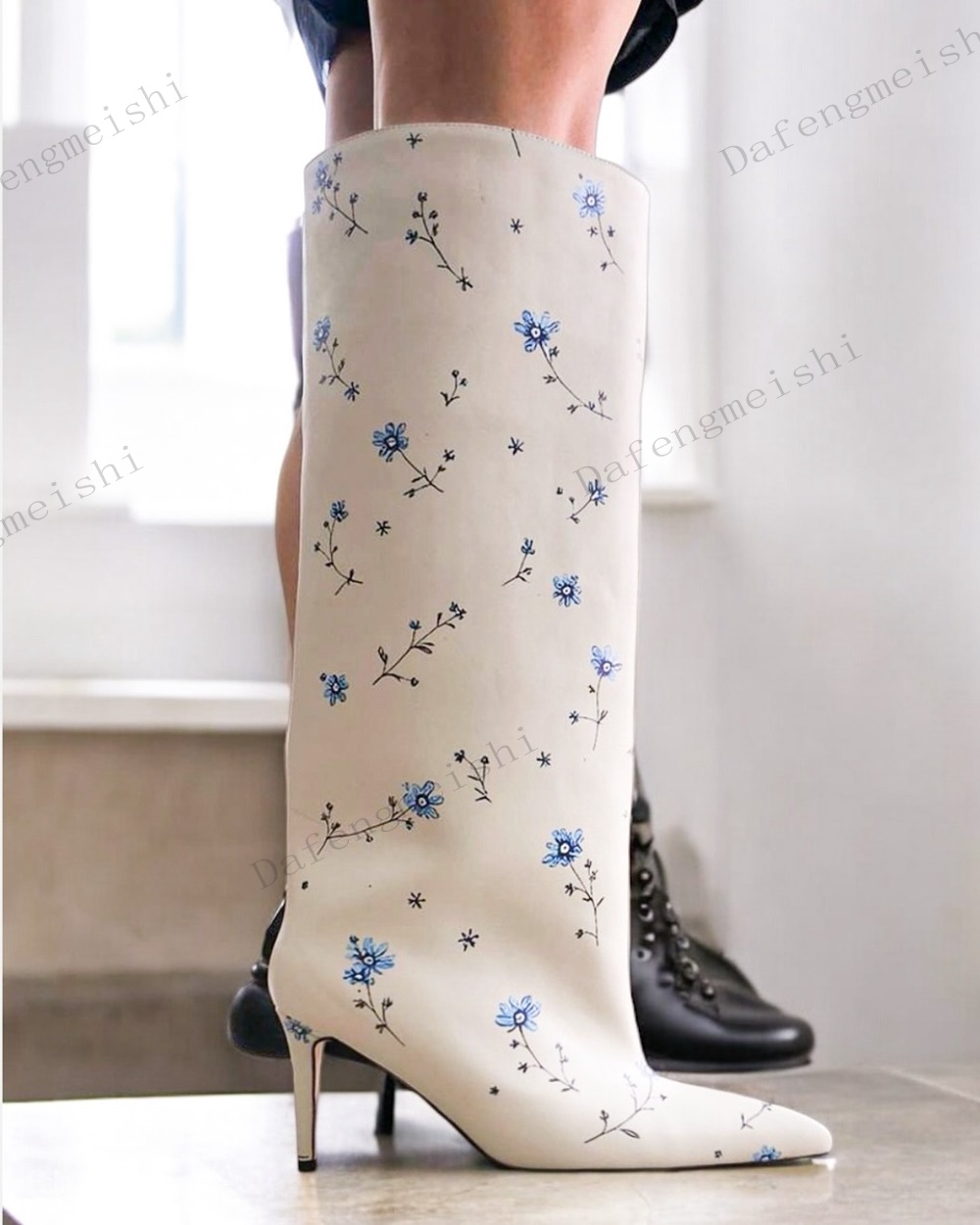 화이트 플로럴 프린트 니하이 부츠 포인티드 토 스틸레토 - Women'S Fashion Knee High Boots 리뷰 및 가격