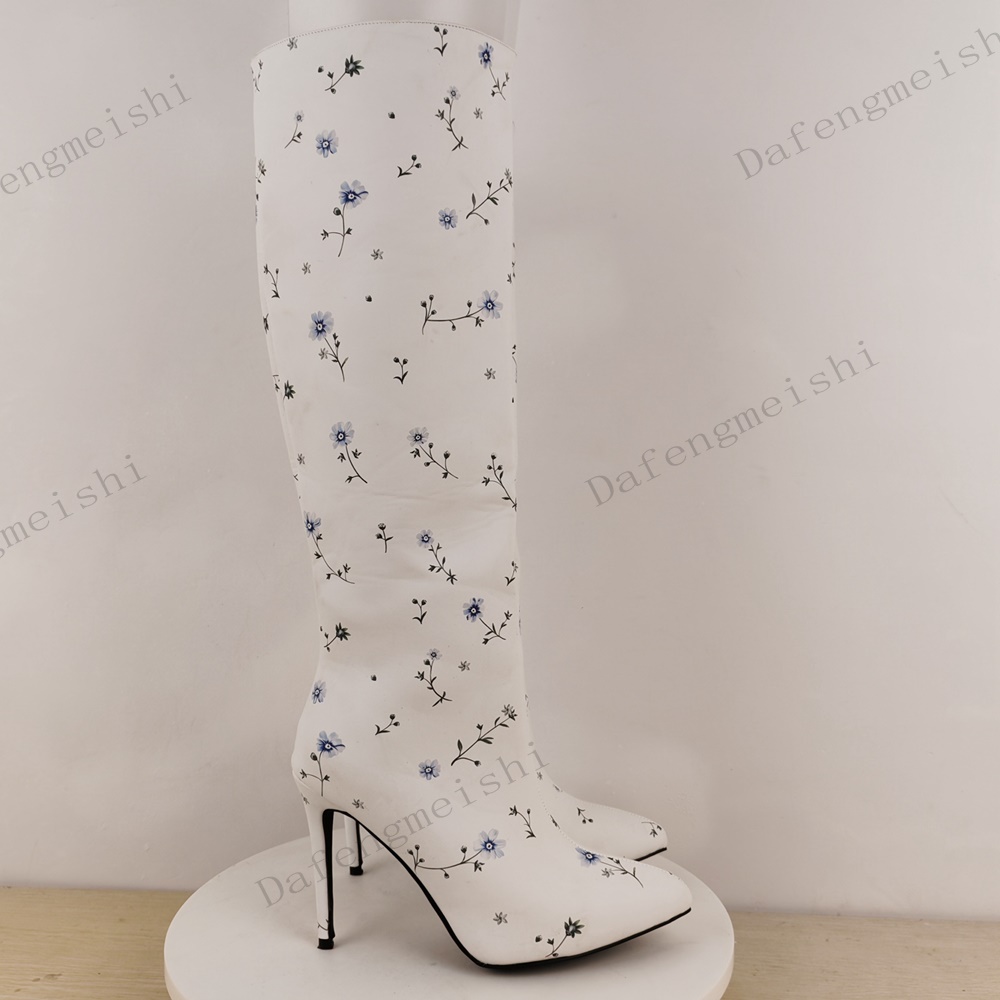 화이트 플로럴 프린트 니하이 부츠 포인티드 토 스틸레토 - Women'S Fashion Knee High Boots 리뷰 및 가격