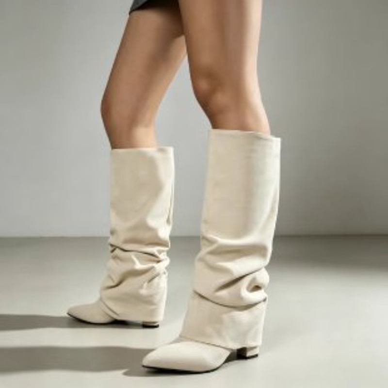 세련된 레트로 스타일의 뾰족한 앞코와 주름 장식이 있는 - Women'S Fashion Knee High Boots 리뷰 및 가격
