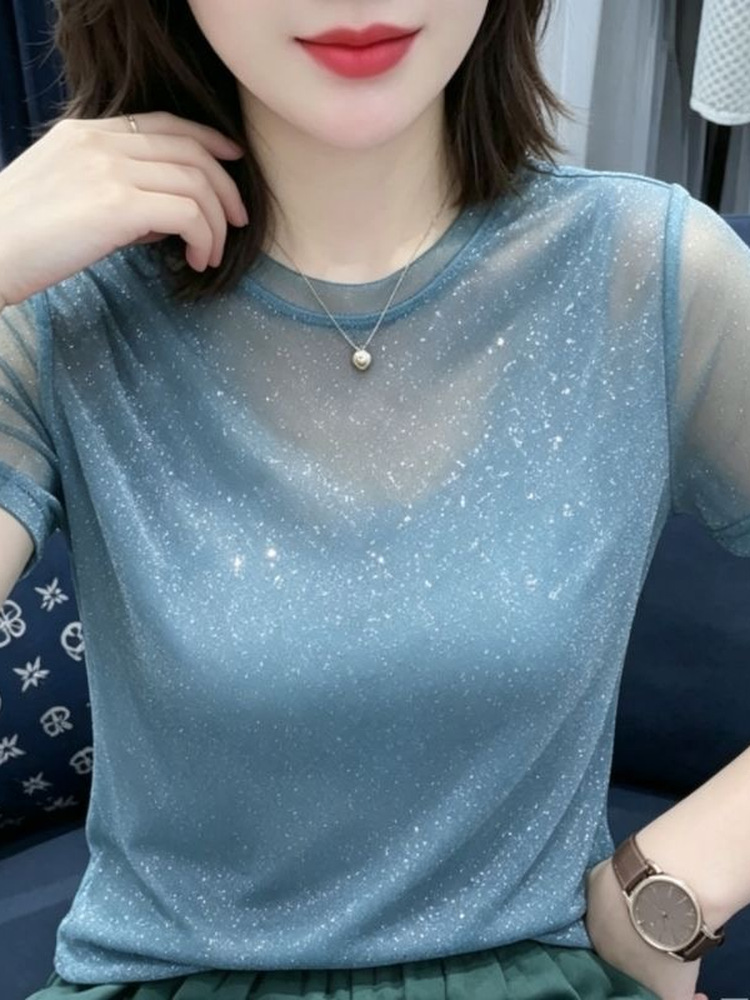 반짝이는 스팽글 탄성 네트 민소매 라운드넥 티셔츠 여름 - Women Fashion Over The Years 리뷰 및 가격