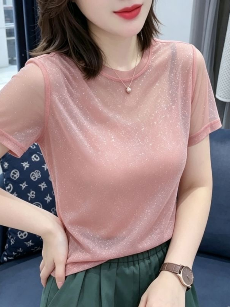 반짝이는 스팽글 탄성 네트 민소매 라운드넥 티셔츠 여름 - Women Fashion Over The Years 리뷰 및 가격